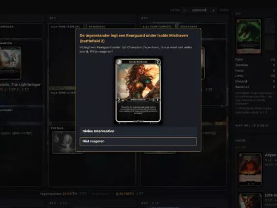 Online play of Portals & Champions in the browser: the opponent places a Rearguard under Isolde Misthaven and you choose whether to react